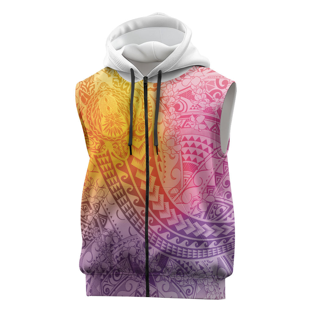 Hawaiian Turtles and Leis Sleeveless Zip Hoodie Tribal Kakau Pattern Magical Rainbow Sky LT03 Multicolor - Polynesian Pride