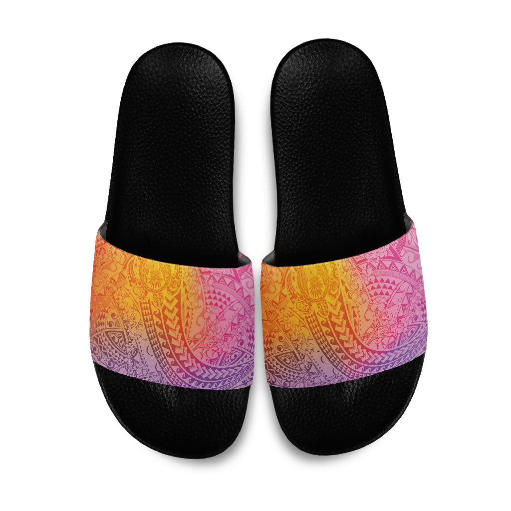 Hawaiian Turtles and Leis Slide Sandals Tribal Kakau Pattern Magical Rainbow Sky LT03 Multicolor - Polynesian Pride