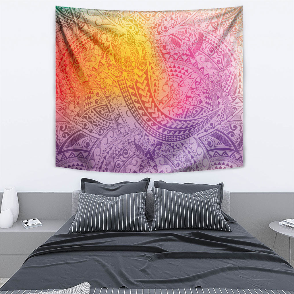Hawaiian Turtles and Leis Tapestry Tribal Kakau Pattern Magical Rainbow Sky