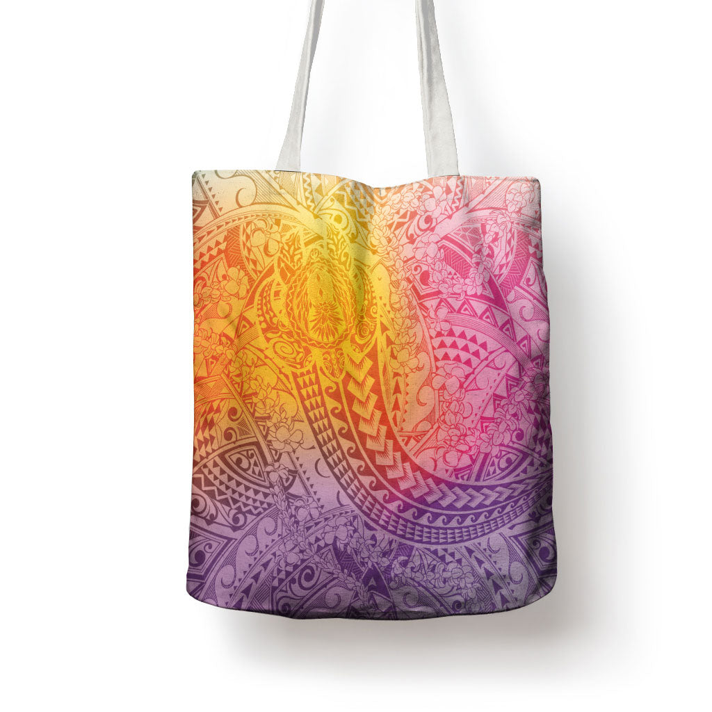 Hawaiian Turtles and Leis Tote Bag Tribal Kakau Pattern Magical Rainbow Sky