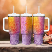 Hawaiian Turtles and Leis Tumbler With Handle Tribal Kakau Pattern Magical Rainbow Sky