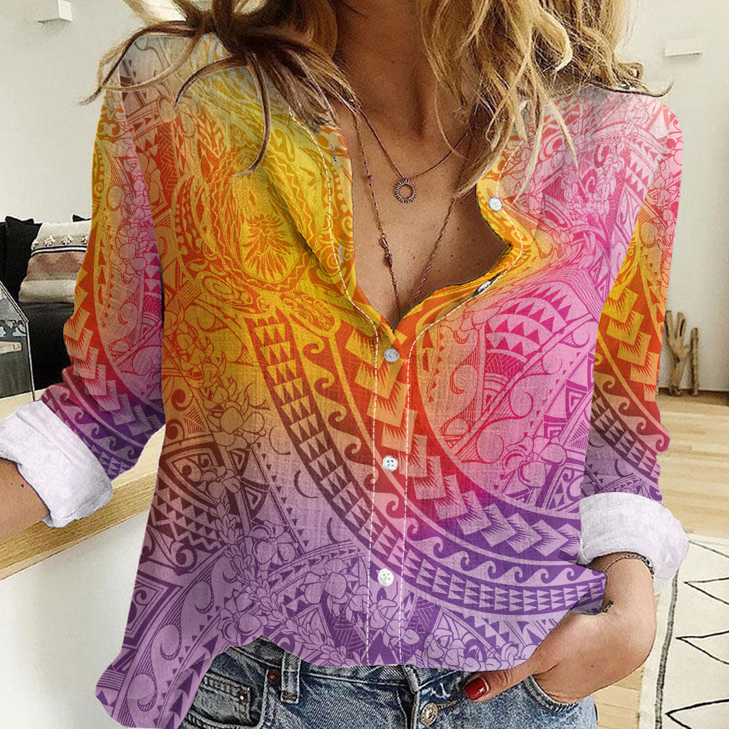 Hawaiian Turtles and Leis Women Casual Shirt Tribal Kakau Pattern Magical Rainbow Sky LT03 Female Multicolor - Polynesian Pride
