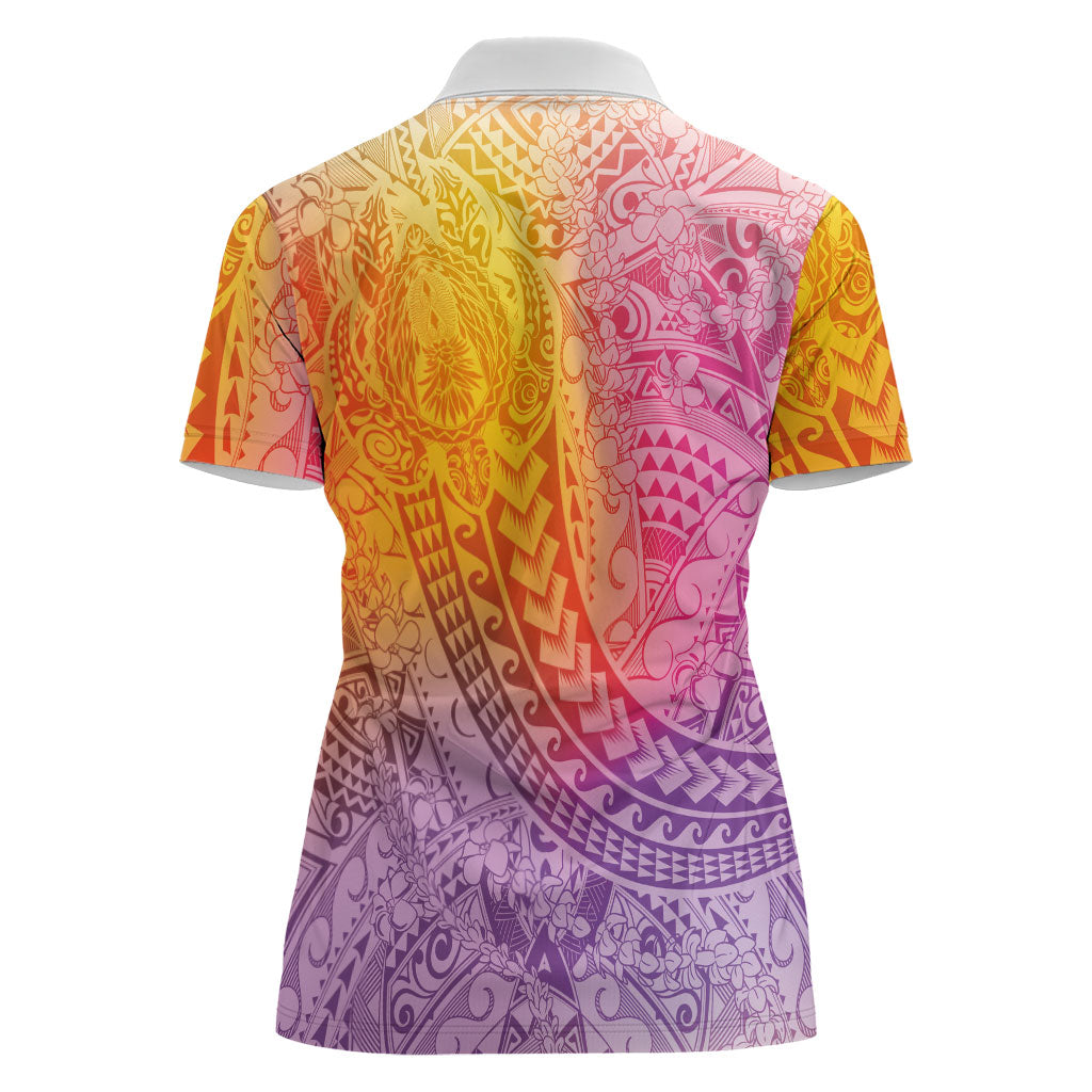 Hawaiian Turtles and Leis Women Polo Shirt Tribal Kakau Pattern Magical Rainbow Sky