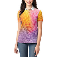 Hawaiian Turtles and Leis Women Polo Shirt Tribal Kakau Pattern Magical Rainbow Sky