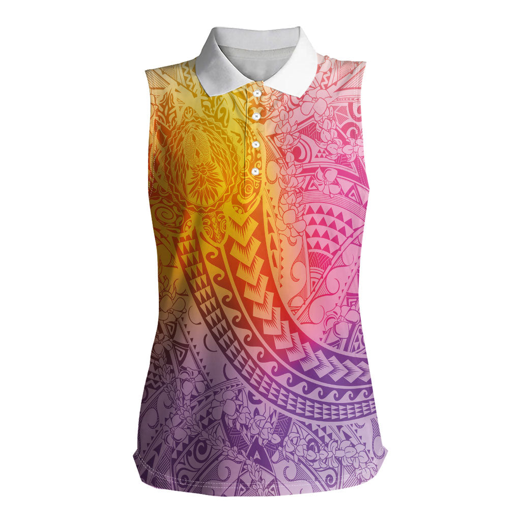 Hawaiian Turtles and Leis Women Sleeveless Polo Shirt Tribal Kakau Pattern Magical Rainbow Sky LT03 Female Multicolor - Polynesian Pride