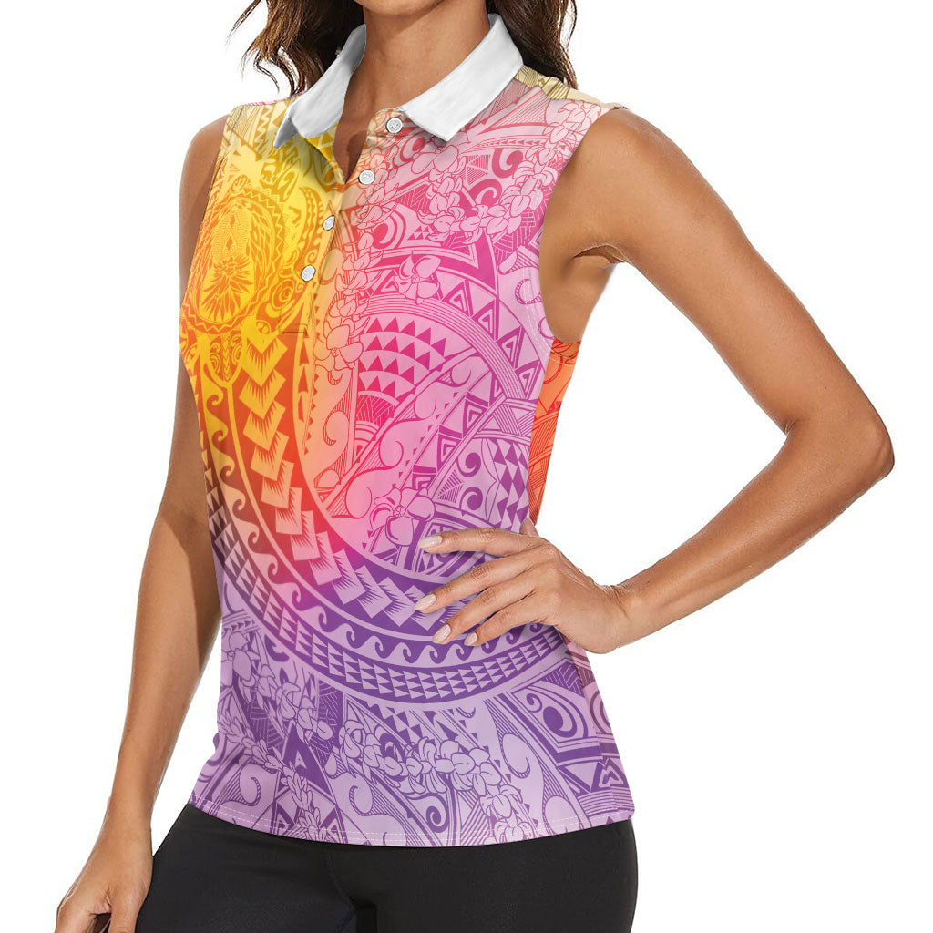 Hawaiian Turtles and Leis Women Sleeveless Polo Shirt Tribal Kakau Pattern Magical Rainbow Sky