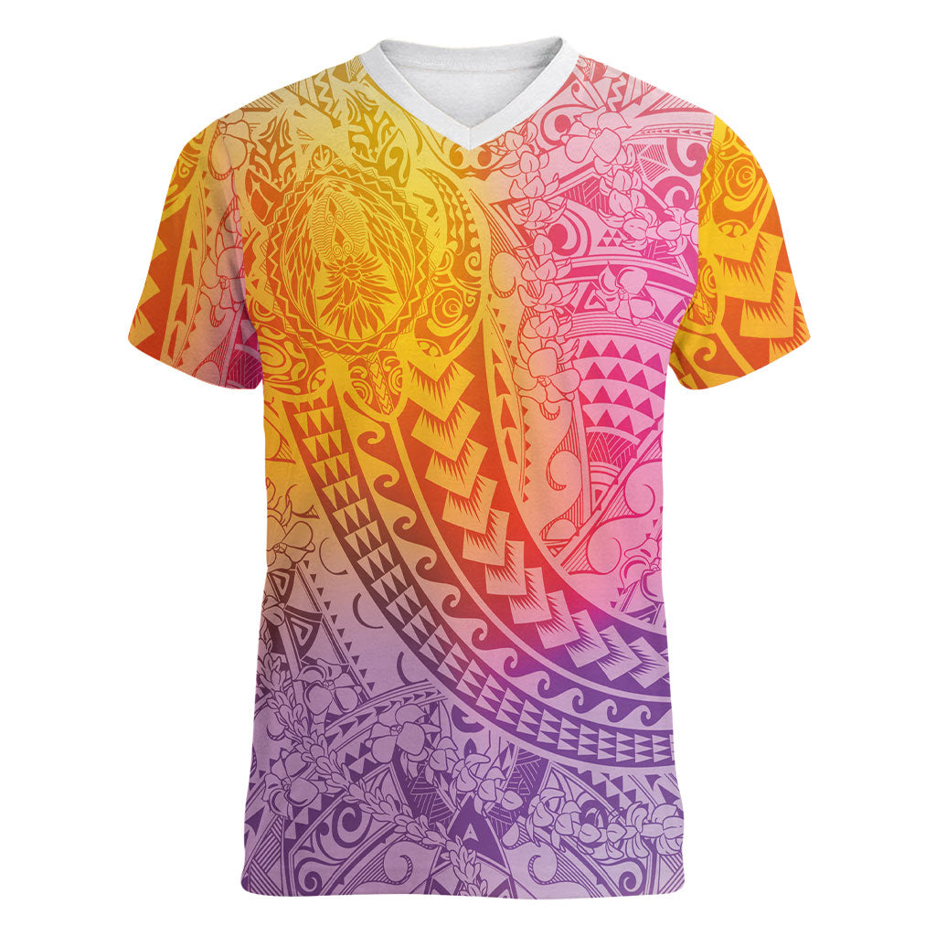 Hawaiian Turtles and Leis Women V-Neck T-Shirt Tribal Kakau Pattern Magical Rainbow Sky LT03 Female Multicolor - Polynesian Pride