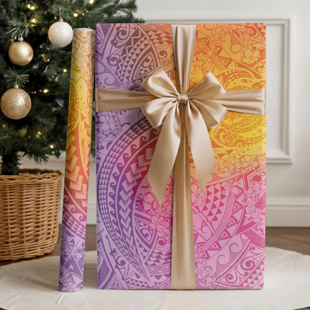 Hawaiian Turtles and Leis Wrapping Paper Tribal Kakau Pattern Magical Rainbow Sky