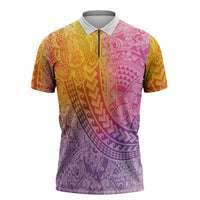 Hawaiian Turtles and Leis Zipper Polo Shirt Tribal Kakau Pattern Magical Rainbow Sky