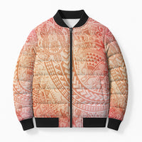 Hawaiian Turtles and Leis Bomber Puffer Jacket Tribal Kakau Pattern Peach Fuzz Color