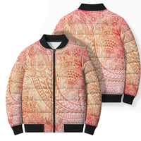 Hawaiian Turtles and Leis Bomber Puffer Jacket Tribal Kakau Pattern Peach Fuzz Color