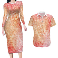 Hawaiian Turtles and Leis Couples Matching Long Sleeve Bodycon Dress and Hawaiian Shirt Tribal Kakau Pattern Peach Fuzz Color