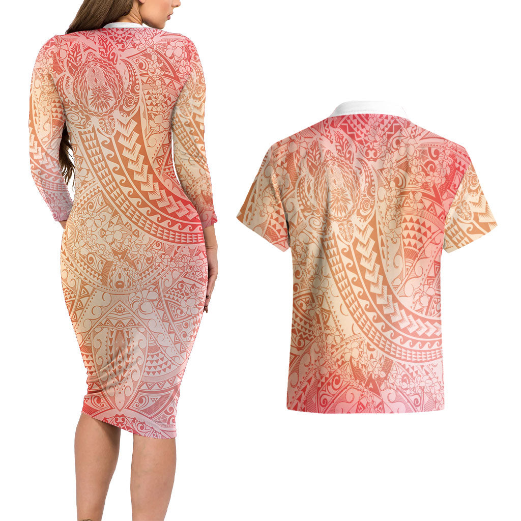 Hawaiian Turtles and Leis Couples Matching Long Sleeve Bodycon Dress and Hawaiian Shirt Tribal Kakau Pattern Peach Fuzz Color