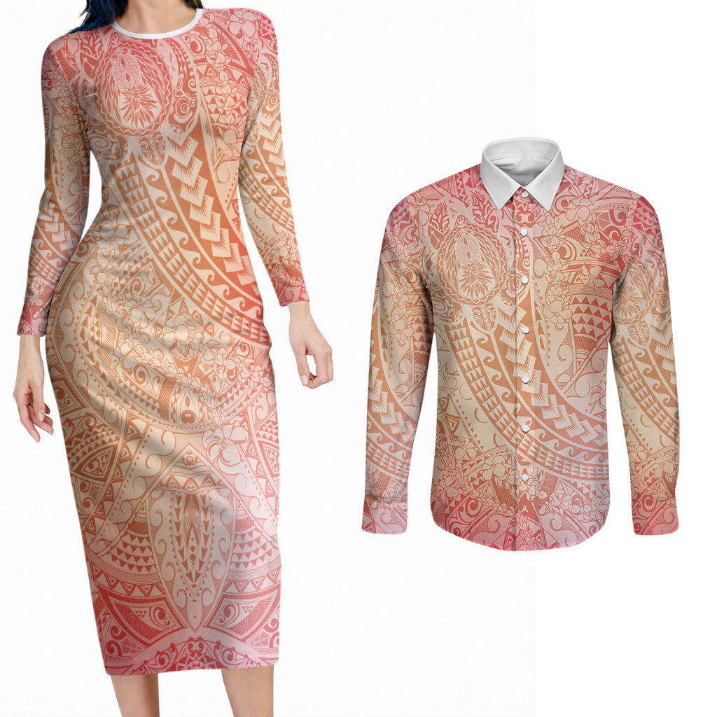 Hawaiian Turtles and Leis Couples Matching Long Sleeve Bodycon Dress and Long Sleeve Button Shirt Tribal Kakau Pattern Peach Fuzz Color LT03 Peach Fuzz - Polynesian Pride