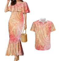Hawaiian Turtles and Leis Couples Matching Mermaid Dress and Hawaiian Shirt Tribal Kakau Pattern Peach Fuzz Color