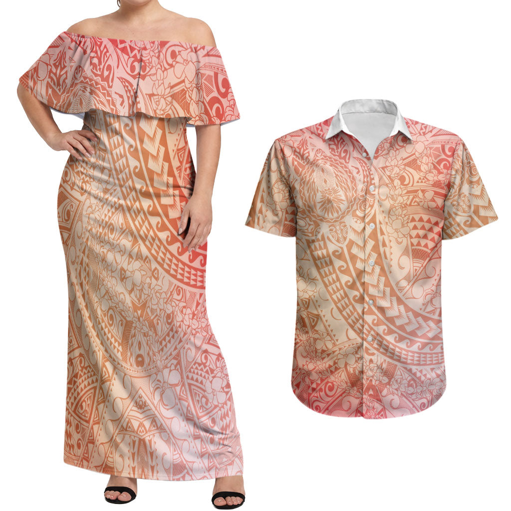 Hawaiian Turtles and Leis Couples Matching Off Shoulder Maxi Dress and Hawaiian Shirt Tribal Kakau Pattern Peach Fuzz Color LT03 Peach Fuzz - Polynesian Pride
