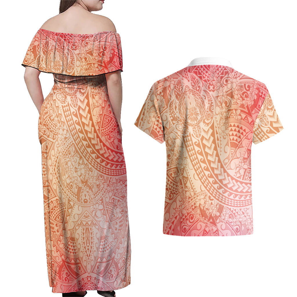 Hawaiian Turtles and Leis Couples Matching Off Shoulder Maxi Dress and Hawaiian Shirt Tribal Kakau Pattern Peach Fuzz Color