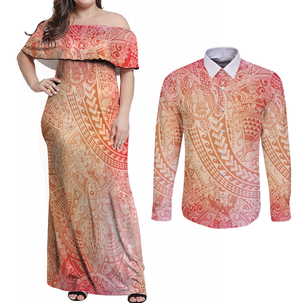 Hawaiian Turtles and Leis Couples Matching Off Shoulder Maxi Dress and Long Sleeve Button Shirt Tribal Kakau Pattern Peach Fuzz Color