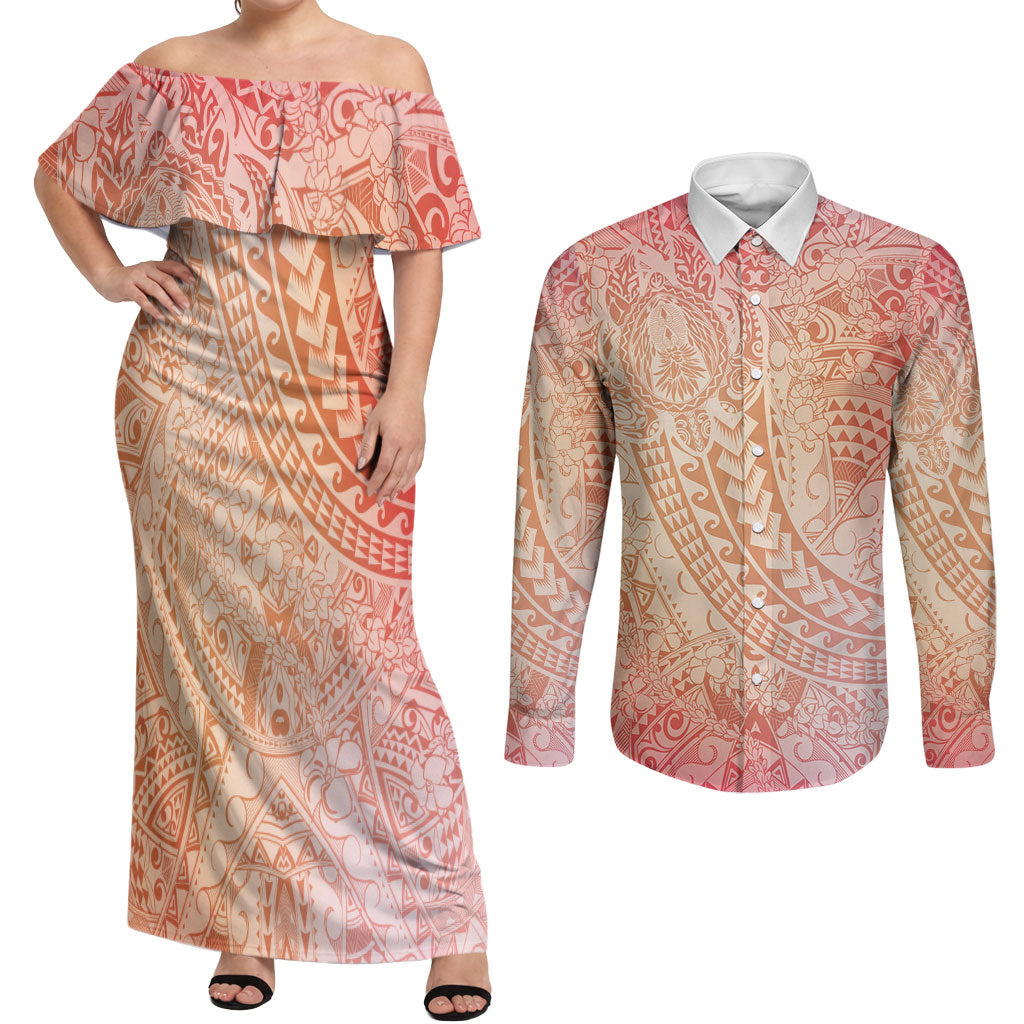 Hawaiian Turtles and Leis Couples Matching Off Shoulder Maxi Dress and Long Sleeve Button Shirt Tribal Kakau Pattern Peach Fuzz Color LT03 Peach Fuzz - Polynesian Pride