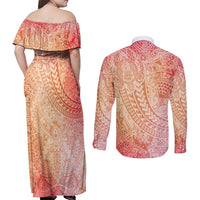 Hawaiian Turtles and Leis Couples Matching Off Shoulder Maxi Dress and Long Sleeve Button Shirt Tribal Kakau Pattern Peach Fuzz Color