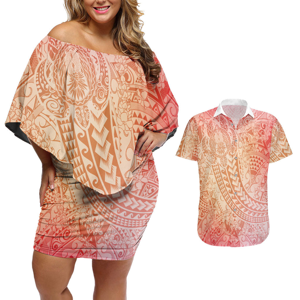 Hawaiian Turtles and Leis Couples Matching Off Shoulder Short Dress and Hawaiian Shirt Tribal Kakau Pattern Peach Fuzz Color