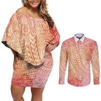 Hawaiian Turtles and Leis Couples Matching Off Shoulder Short Dress and Long Sleeve Button Shirt Tribal Kakau Pattern Peach Fuzz Color
