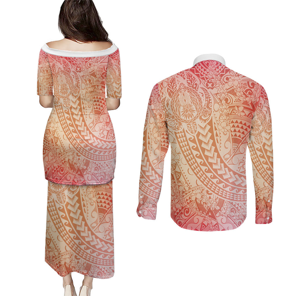 Hawaiian Turtles and Leis Couples Matching Puletasi and Long Sleeve Button Shirt Tribal Kakau Pattern Peach Fuzz Color