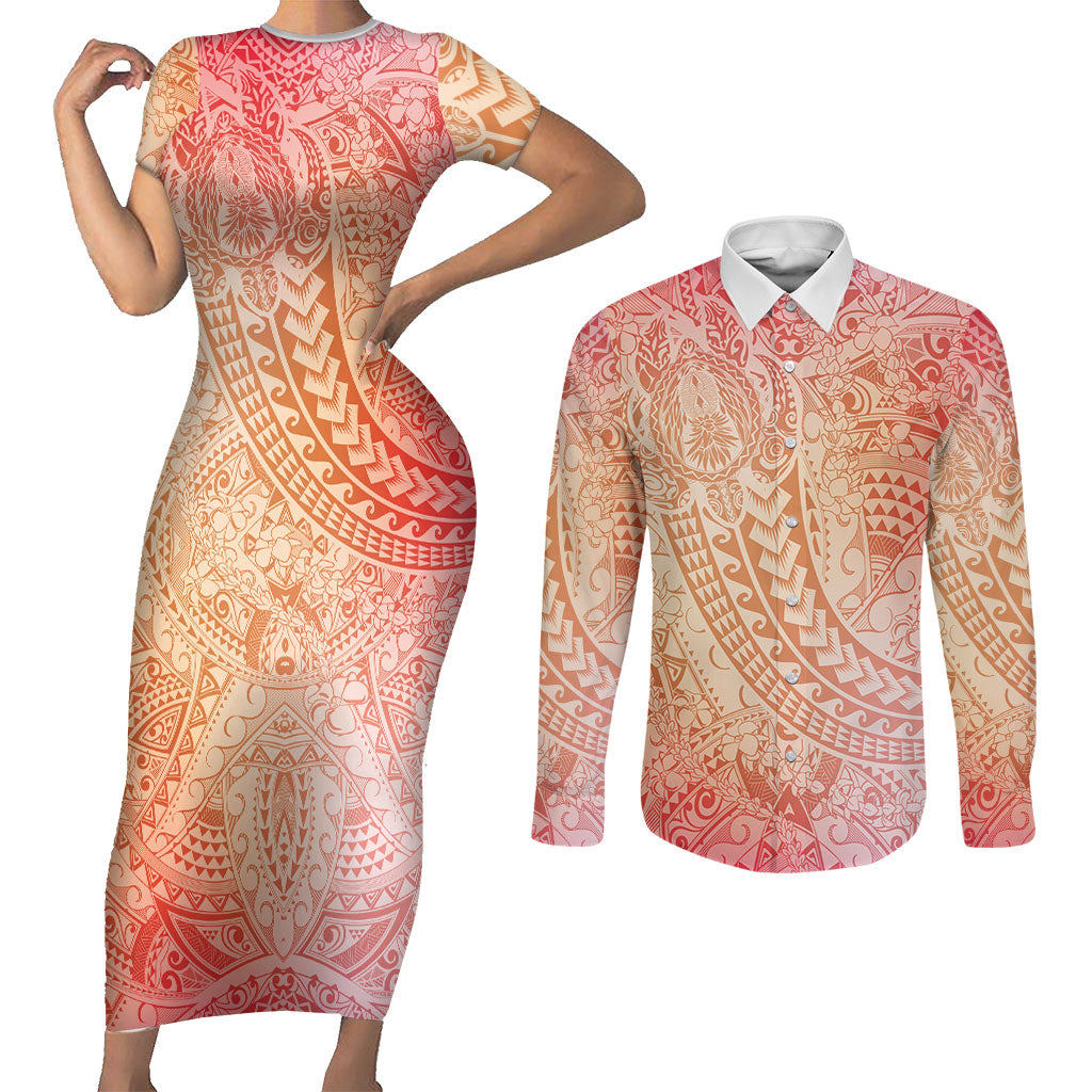 Hawaiian Turtles and Leis Couples Matching Short Sleeve Bodycon Dress and Long Sleeve Button Shirt Tribal Kakau Pattern Peach Fuzz Color