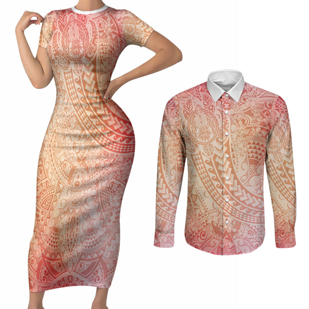 Hawaiian Turtles and Leis Couples Matching Short Sleeve Bodycon Dress and Long Sleeve Button Shirt Tribal Kakau Pattern Peach Fuzz Color LT03 Peach Fuzz - Polynesian Pride