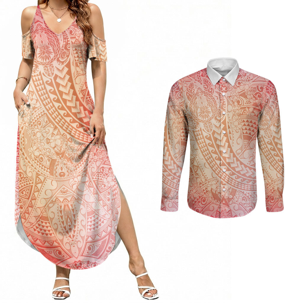Hawaiian Turtles and Leis Couples Matching Summer Maxi Dress and Long Sleeve Button Shirt Tribal Kakau Pattern Peach Fuzz Color LT03 Peach Fuzz - Polynesian Pride