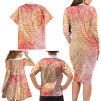 Hawaiian Turtles and Leis Family Matching Long Sleeve Bodycon Dress and Hawaiian Shirt Tribal Kakau Pattern Peach Fuzz Color