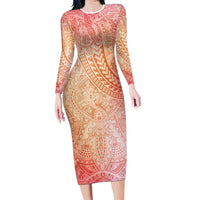 Hawaiian Turtles and Leis Family Matching Long Sleeve Bodycon Dress and Hawaiian Shirt Tribal Kakau Pattern Peach Fuzz Color