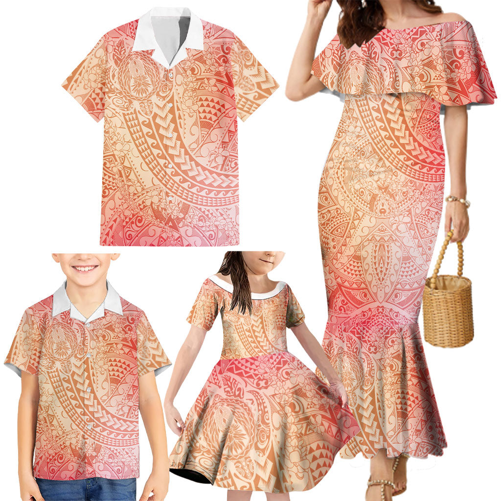 Hawaiian Turtles and Leis Family Matching Mermaid Dress and Hawaiian Shirt Tribal Kakau Pattern Peach Fuzz Color