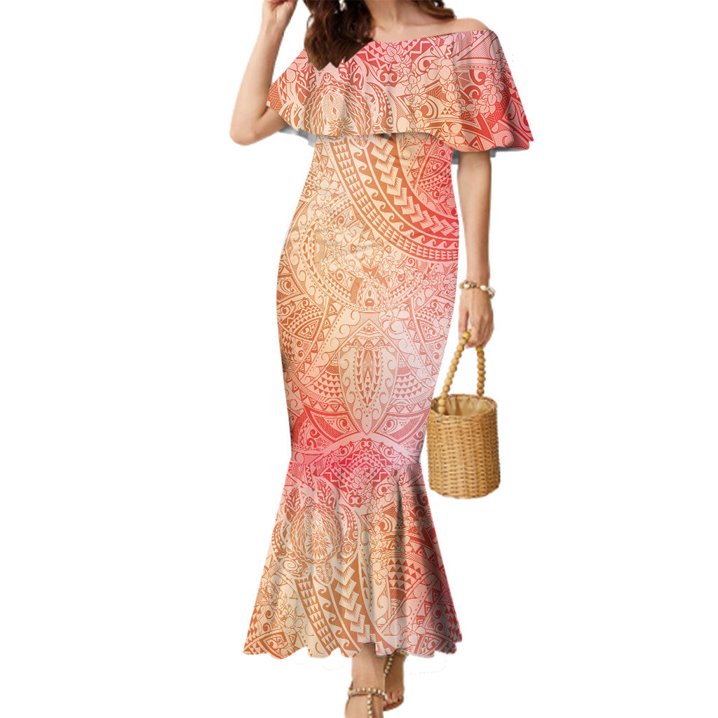 Hawaiian Turtles and Leis Family Matching Mermaid Dress and Hawaiian Shirt Tribal Kakau Pattern Peach Fuzz Color