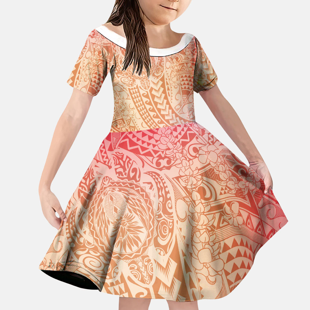 Hawaiian Turtles and Leis Family Matching Off The Shoulder Long Sleeve Dress and Hawaiian Shirt Tribal Kakau Pattern Peach Fuzz Color