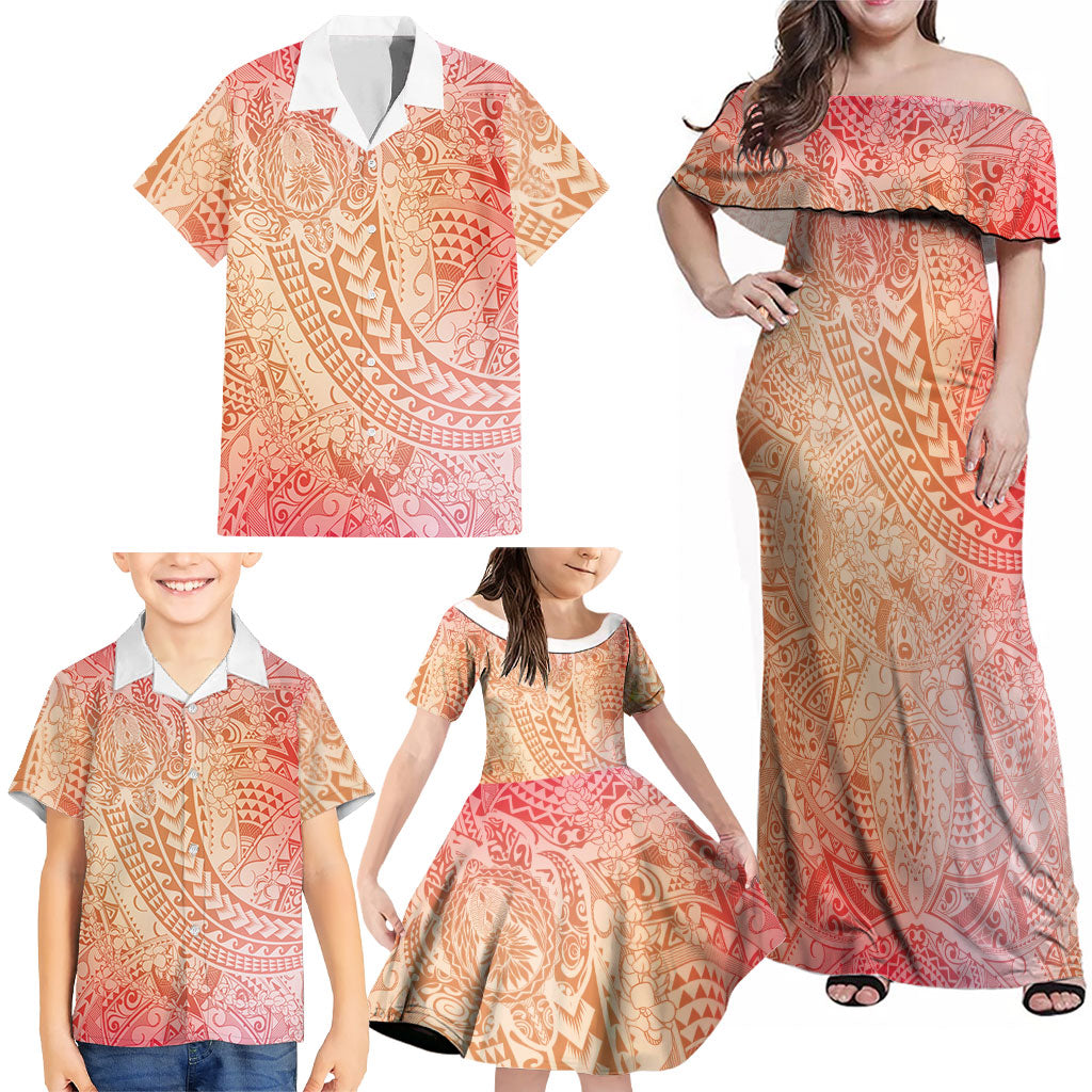 Hawaiian Turtles and Leis Family Matching Off Shoulder Maxi Dress and Hawaiian Shirt Tribal Kakau Pattern Peach Fuzz Color