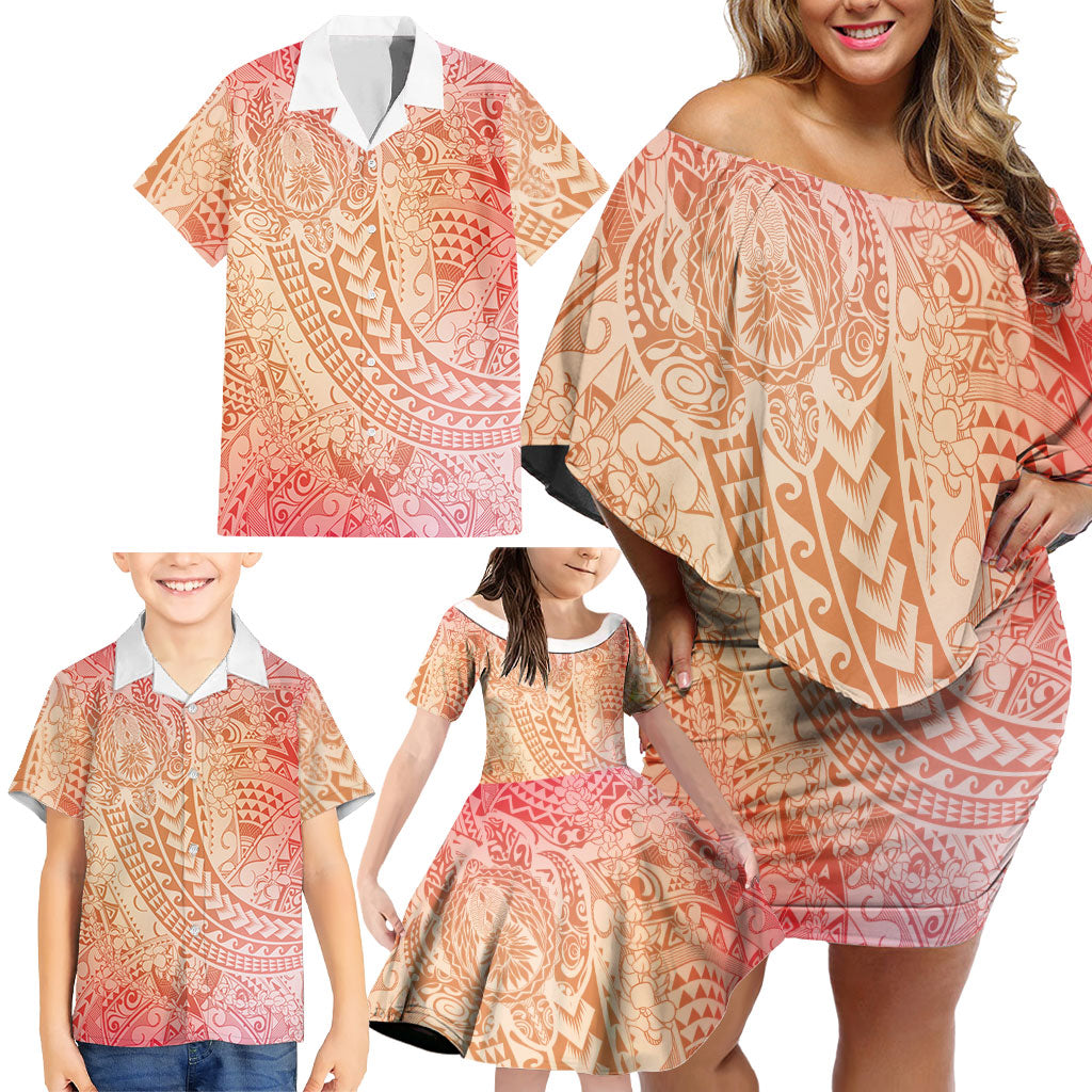 Hawaiian Turtles and Leis Family Matching Off Shoulder Short Dress and Hawaiian Shirt Tribal Kakau Pattern Peach Fuzz Color