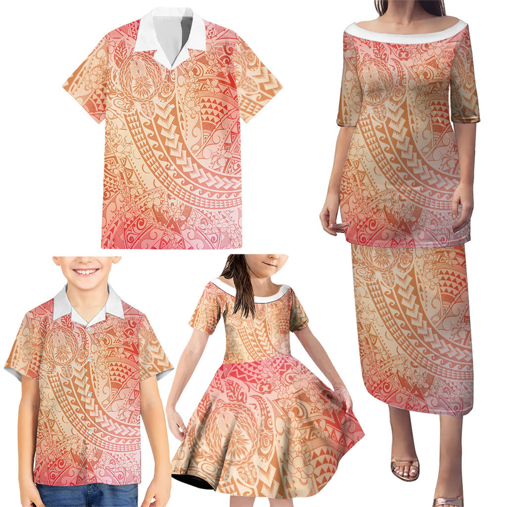Hawaiian Turtles and Leis Family Matching Puletasi and Hawaiian Shirt Tribal Kakau Pattern Peach Fuzz Color