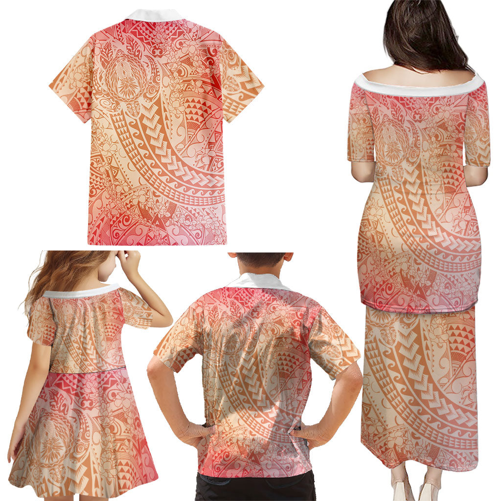 Hawaiian Turtles and Leis Family Matching Puletasi and Hawaiian Shirt Tribal Kakau Pattern Peach Fuzz Color