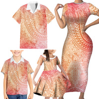 Hawaiian Turtles and Leis Family Matching Short Sleeve Bodycon Dress and Hawaiian Shirt Tribal Kakau Pattern Peach Fuzz Color