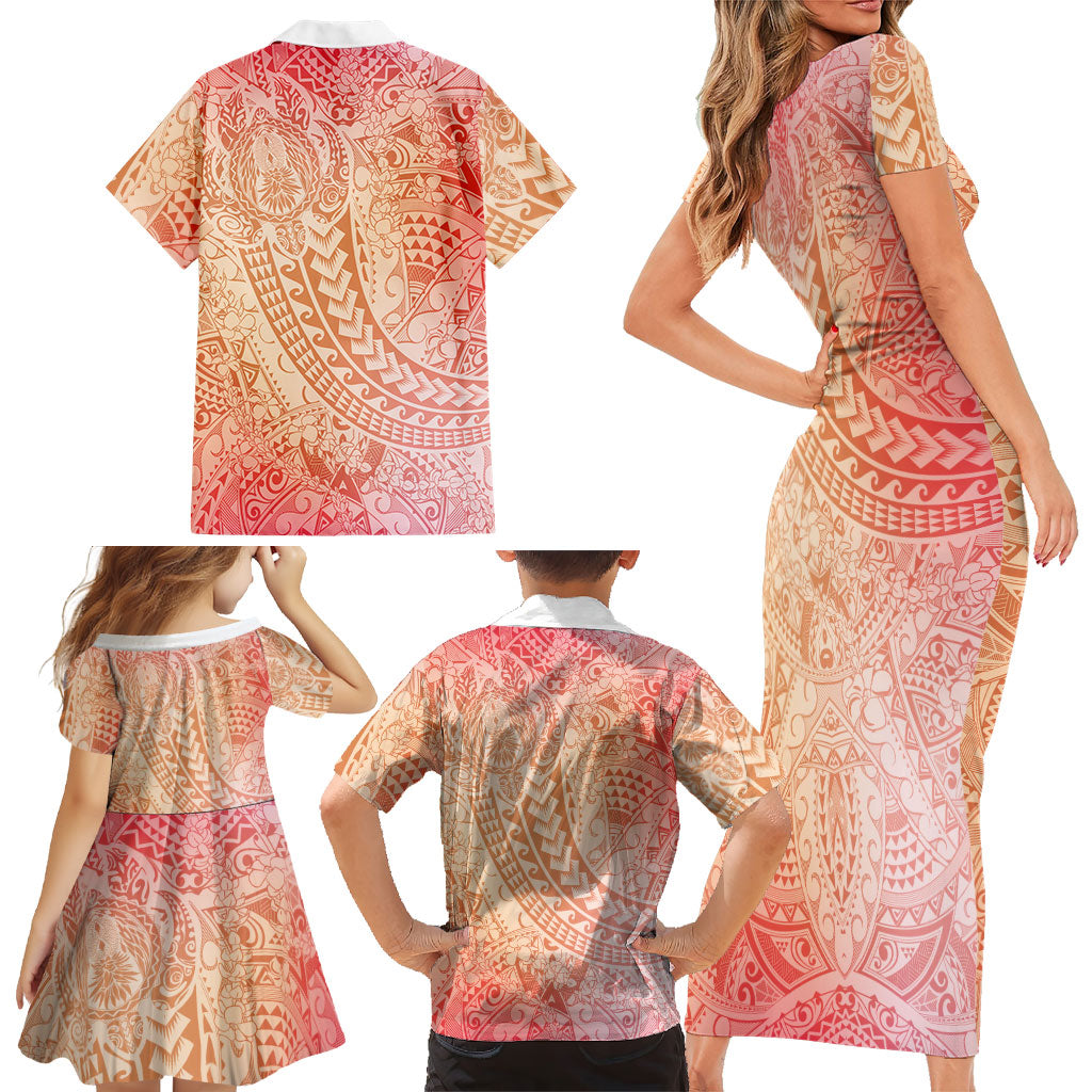 Hawaiian Turtles and Leis Family Matching Short Sleeve Bodycon Dress and Hawaiian Shirt Tribal Kakau Pattern Peach Fuzz Color