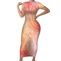 Hawaiian Turtles and Leis Family Matching Short Sleeve Bodycon Dress and Hawaiian Shirt Tribal Kakau Pattern Peach Fuzz Color