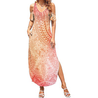 Hawaiian Turtles and Leis Family Matching Summer Maxi Dress and Hawaiian Shirt Tribal Kakau Pattern Peach Fuzz Color