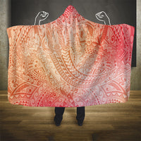 Hawaiian Turtles and Leis Hooded Blanket Tribal Kakau Pattern Peach Fuzz Color