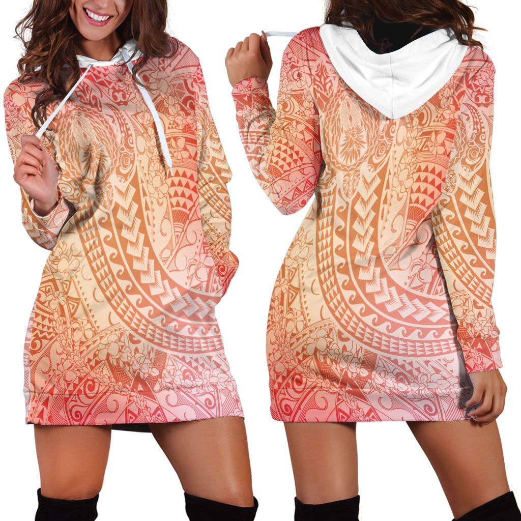 Hawaiian Turtles and Leis Hoodie Dress Tribal Kakau Pattern Peach Fuzz Color