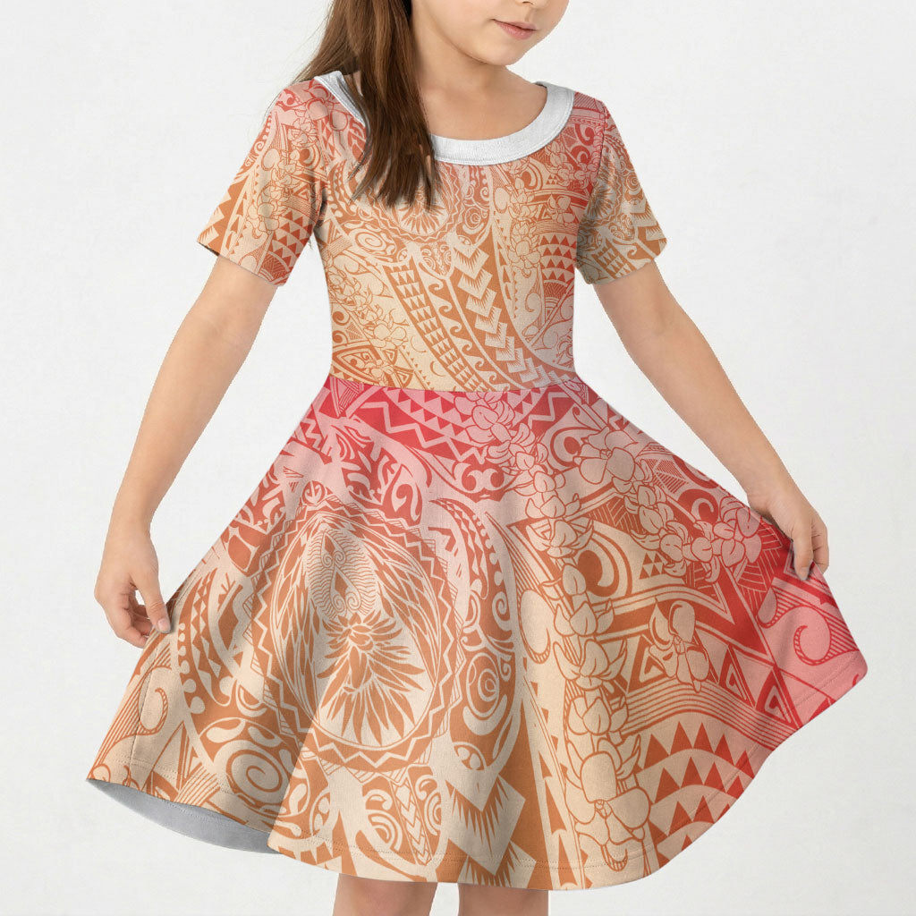 Hawaiian Turtles and Leis Kid Short Sleeve Dress Tribal Kakau Pattern Peach Fuzz Color LT03 KID Peach Fuzz - Polynesian Pride
