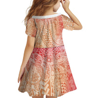 Hawaiian Turtles and Leis Kid Short Sleeve Dress Tribal Kakau Pattern Peach Fuzz Color
