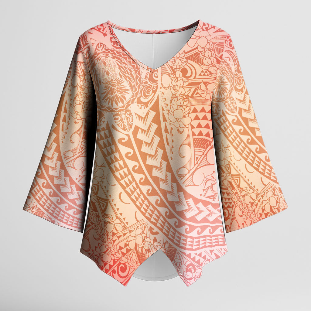 Hawaiian Turtles and Leis Kimono Sleeve Blouse Tribal Kakau Pattern Peach Fuzz Color LT03 Female Peach Fuzz - Polynesian Pride