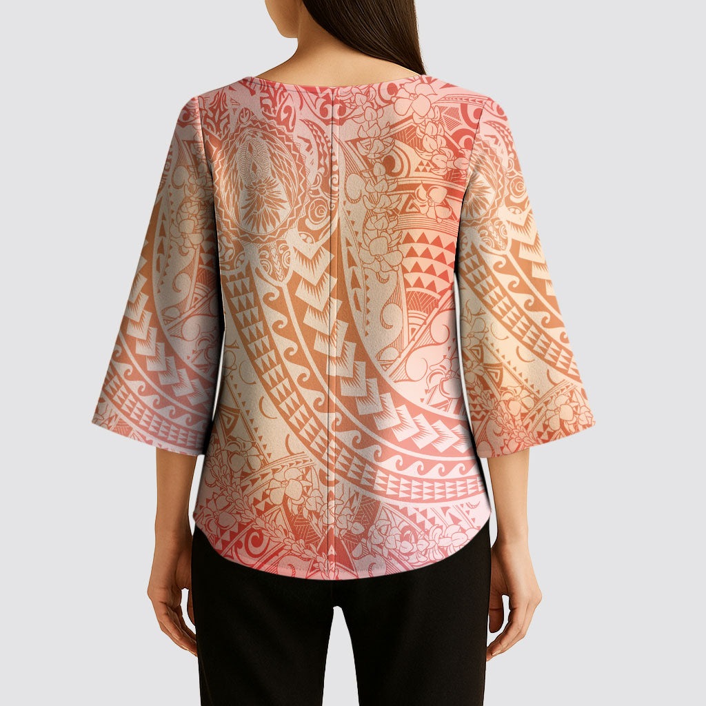 Hawaiian Turtles and Leis Kimono Sleeve Blouse Tribal Kakau Pattern Peach Fuzz Color