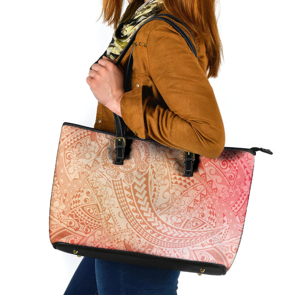 Hawaiian Turtles and Leis Leather Tote Bag Tribal Kakau Pattern Peach Fuzz Color LT03 Peach Fuzz - Polynesian Pride